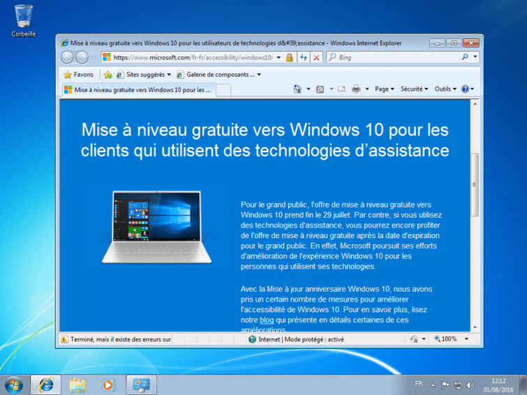 Image 1 : Il serait toujours possible d'upgrader gratuitement vers Windows 10 !