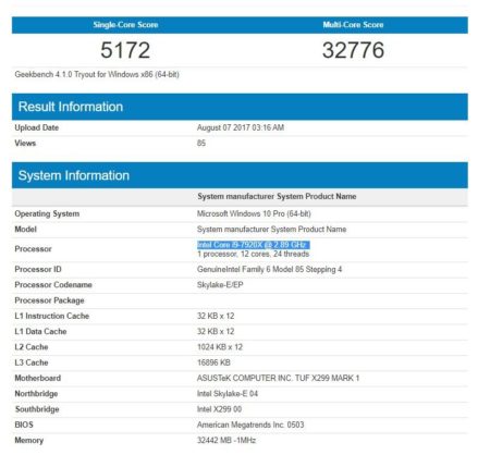 Image 1 : Core i9-7920X : premier benchmark Geekbench, 5172 points