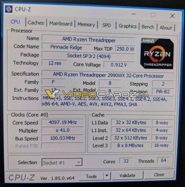 Image 1 : Un premier screenshot CPU-Z du Threadripper 2990WX ?