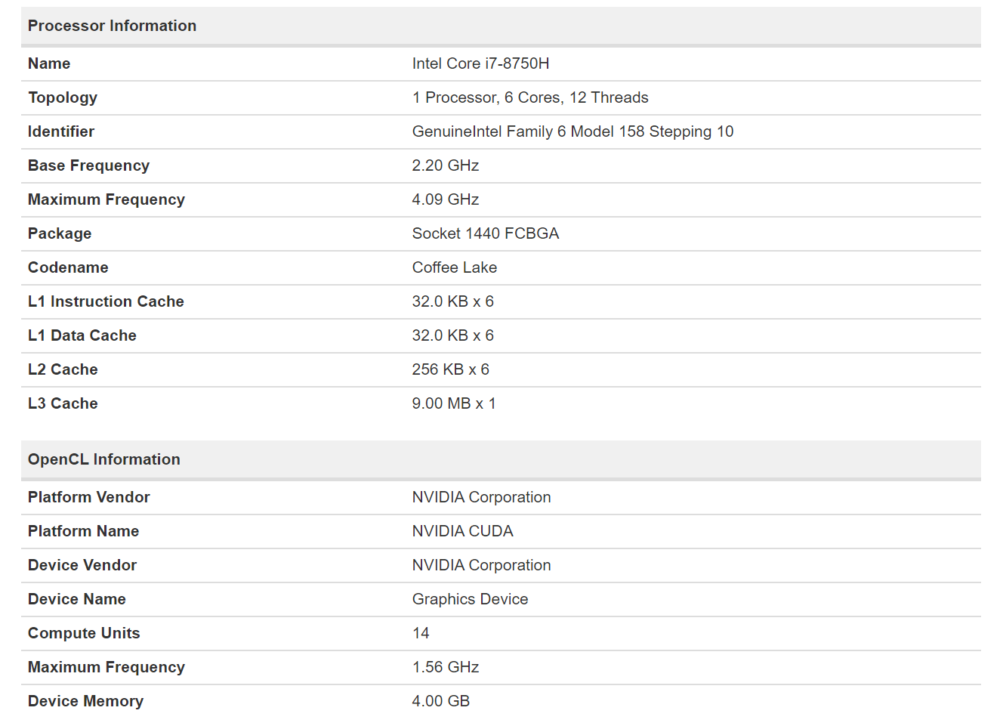 Image 2 : Des scores OpenCL pour la GeForce GTX 2050 / GTX 1150 et la RTX 2060