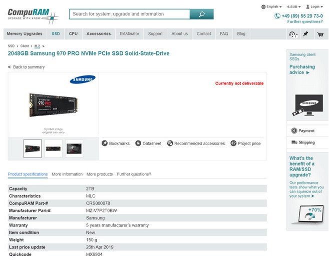 Image 2 : Samsung lance son SSD 970 Pro en version 2 To pour environ 1000 euros
