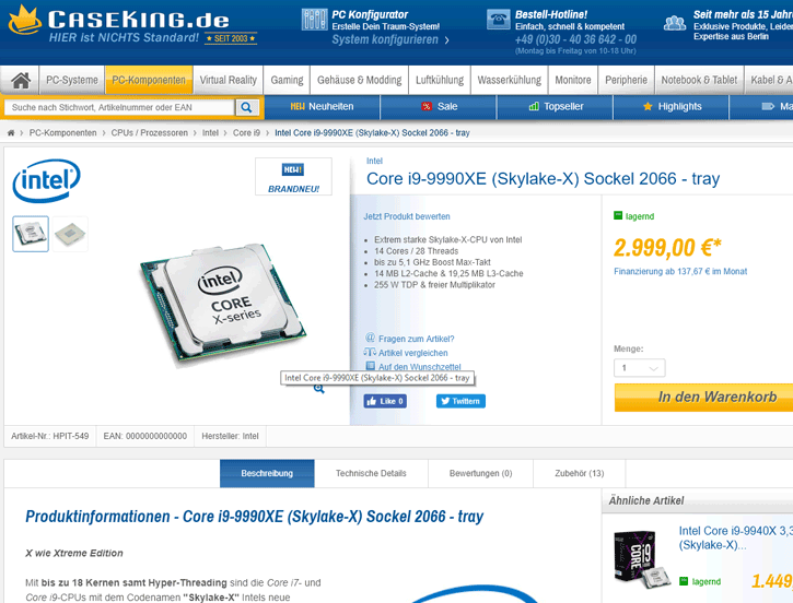 Image 1 : L’Intel i9-9990XE affiché à quasiment 3000 euros chez un revendeur !