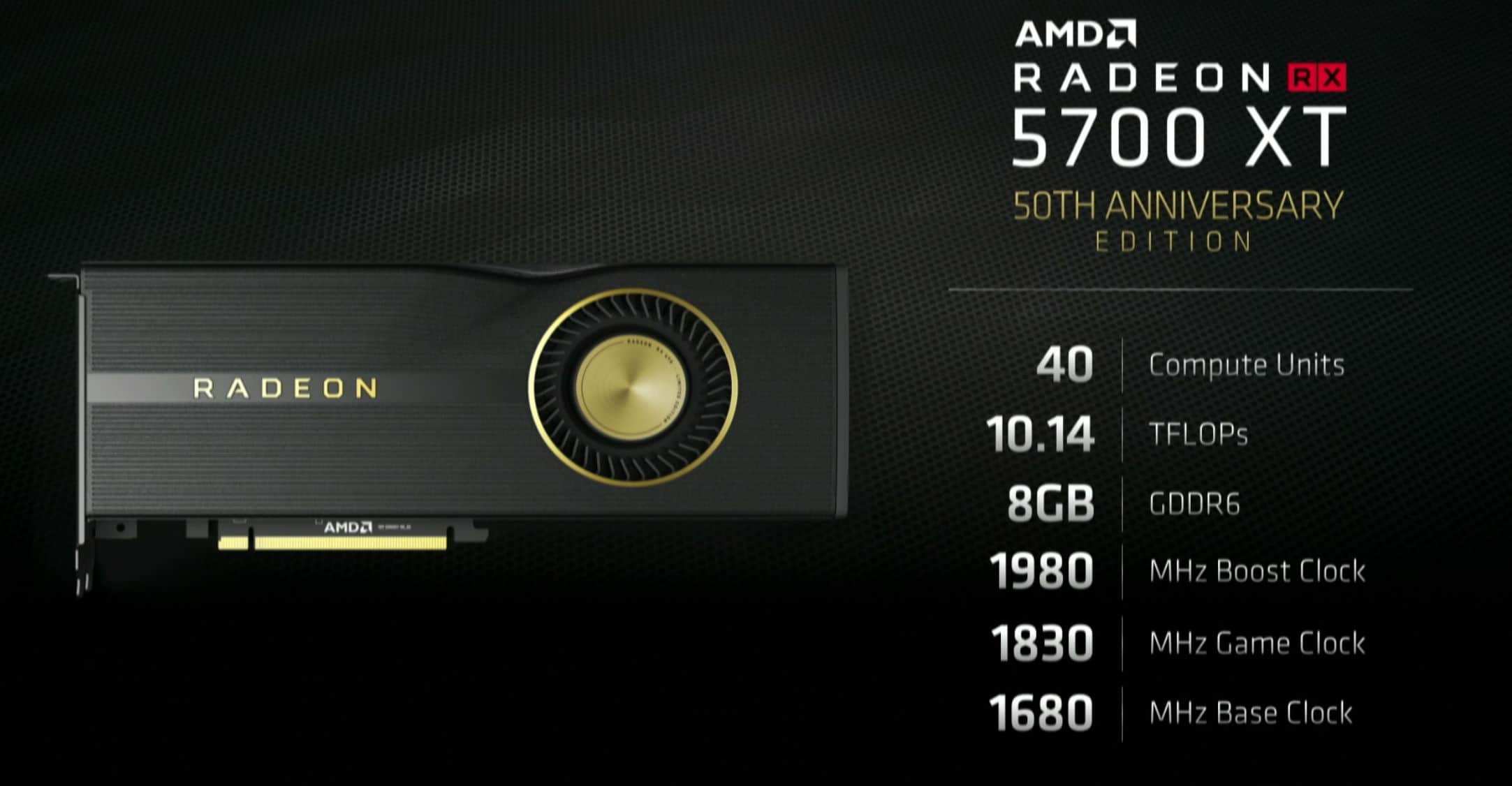 Image 1 : Radeon RX 5700 XT spéciale 50 ans : fréquences dorées et couleurs overclockées