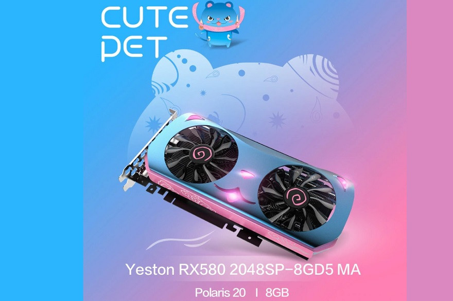 Image 2 : Une carte AMD RX 580 toute rose et bleue, avec un chat en prime !