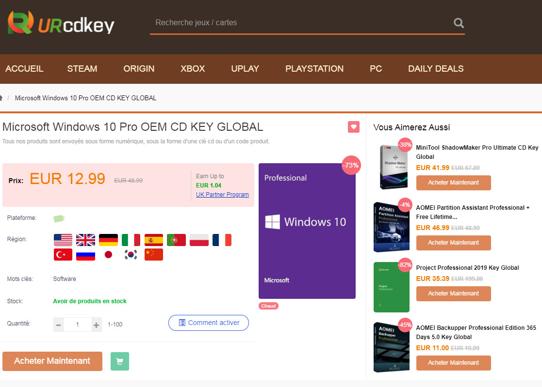 Image 1 : Ventes d'automne URcdkey : la Licence Windows 10 Pro à 10,39 €
