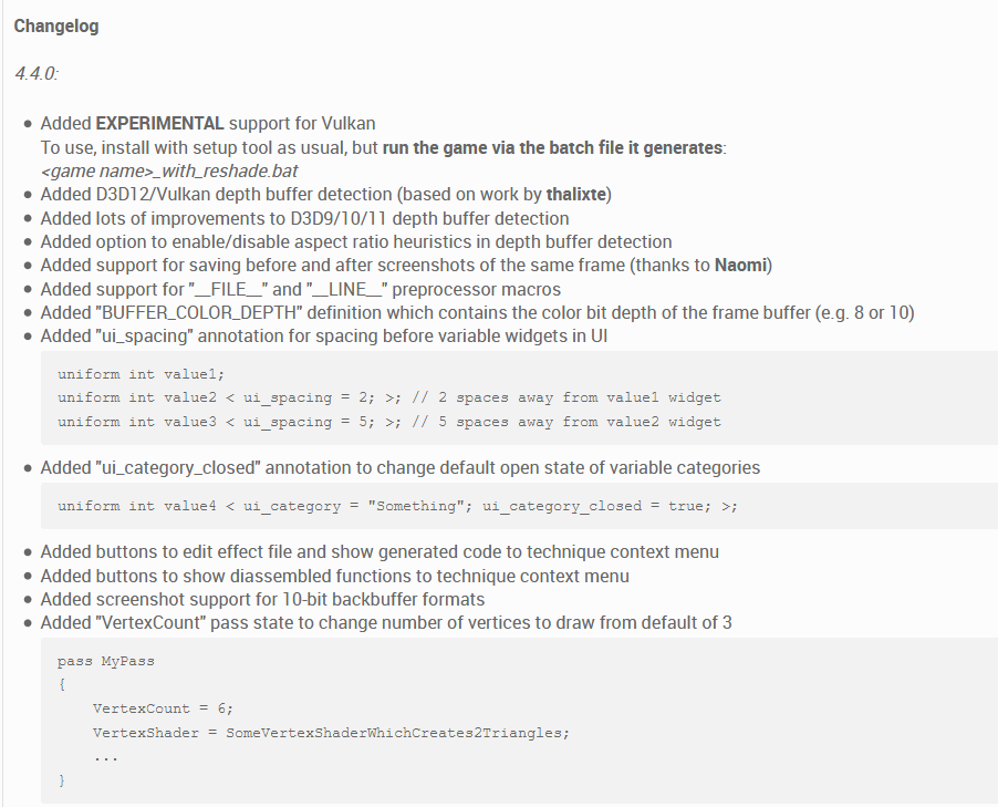 Image 1 : Support expérimental de l’API Vulkan pour Reshade 4.4