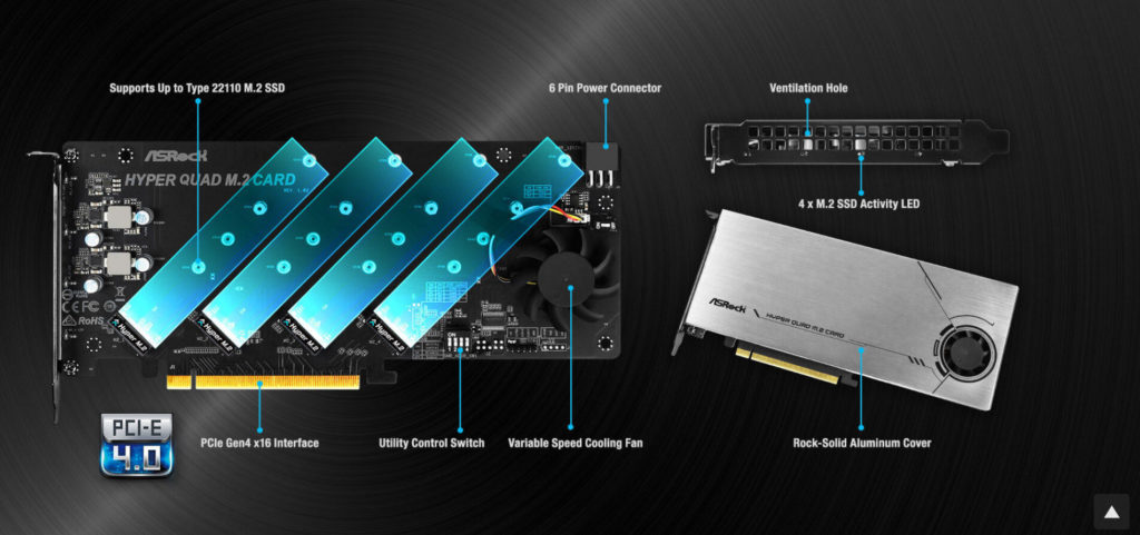 Image 2 : Au tour d’ASRock de lancer une carte PCIe 4.0 x16 qui embarque quatre SSD M.2
