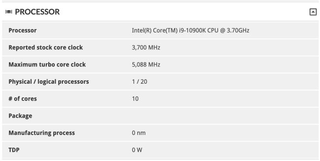 Image 1 : Le Core i9-10900K référencé sur 3D Mark avec une fréquence Boost de 5,1 GHz