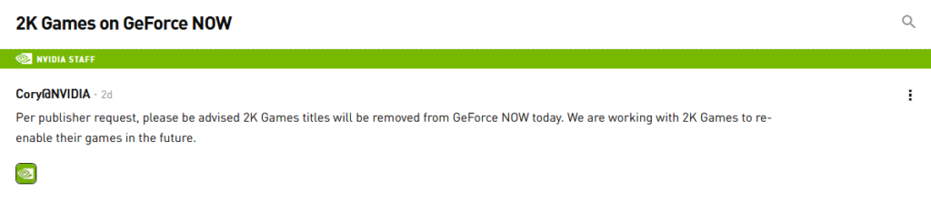Image 1 : Au tour de 2K Games d’exiger le retrait de ses jeux du GeForce Now !