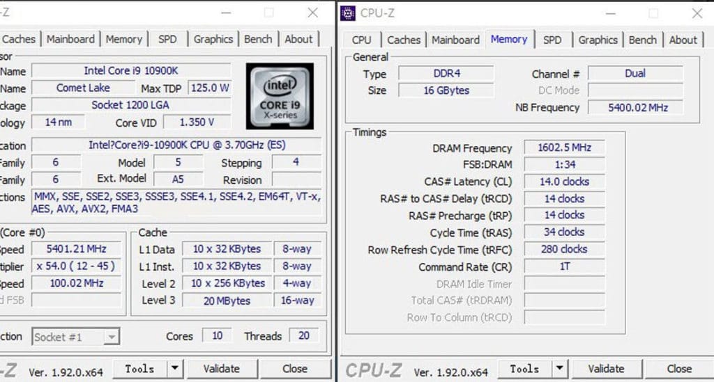 Image 2 : Le Core i9-10900K poussé à 5,4 GHz sur ses dix cœurs