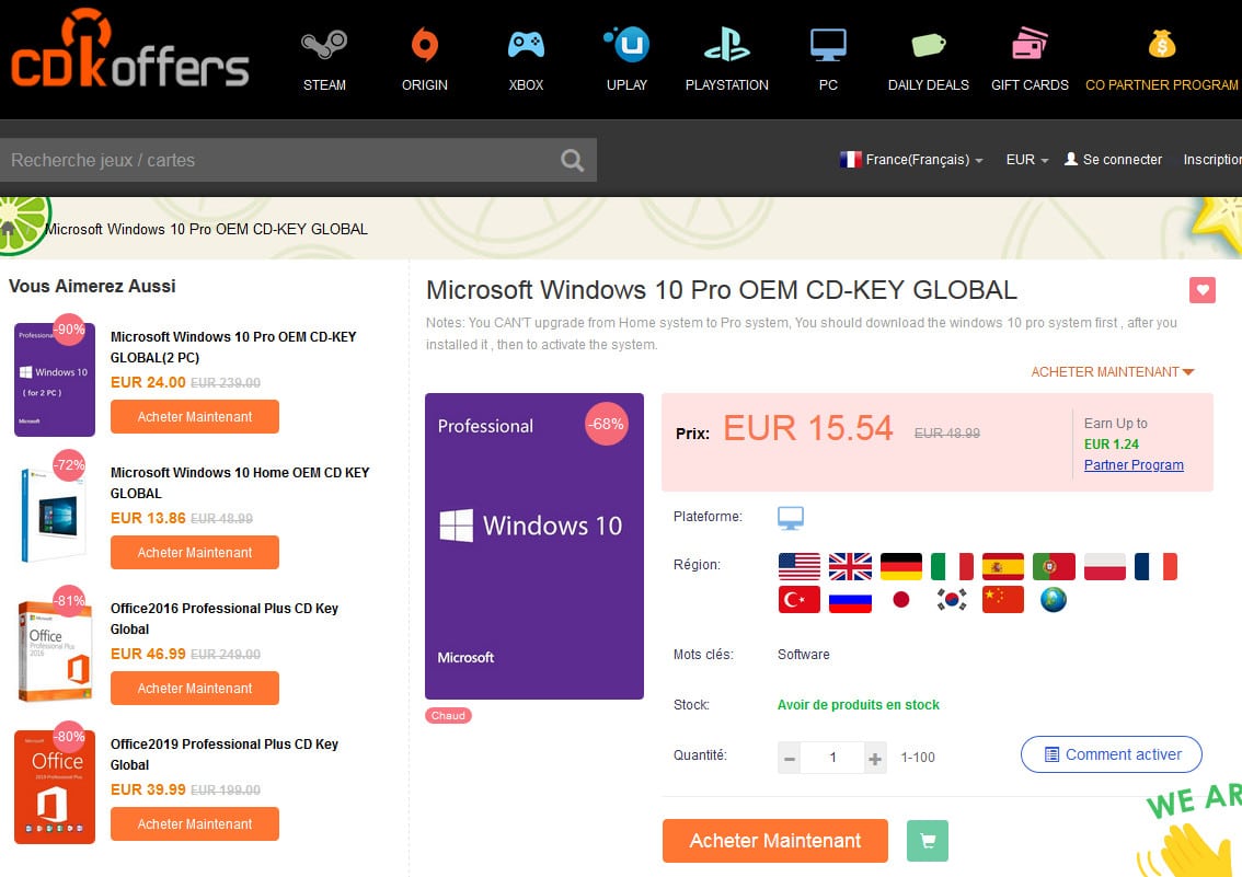 La licence de Windows 10 Pro est à 12,43 € chez CDKoffers