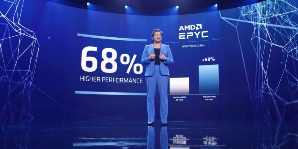 Image 1 : Selon AMD, une puce EPYC Milan à 32 cœurs est 64 % supérieure à un Xeon à 28 cœurs sur WRF