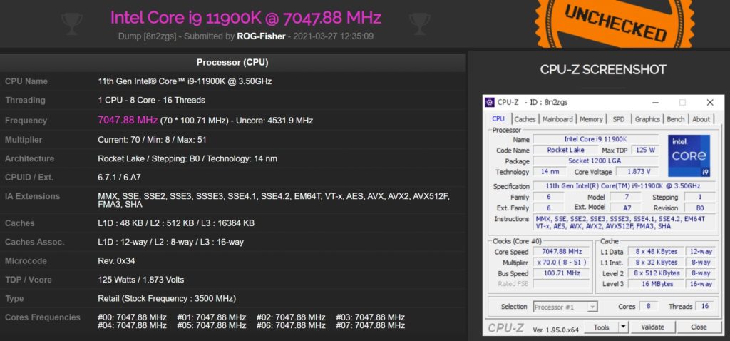 Image 1 : Le Core i9-11900K poussé à 7 048 MHz avec une tension de 1,863 V
