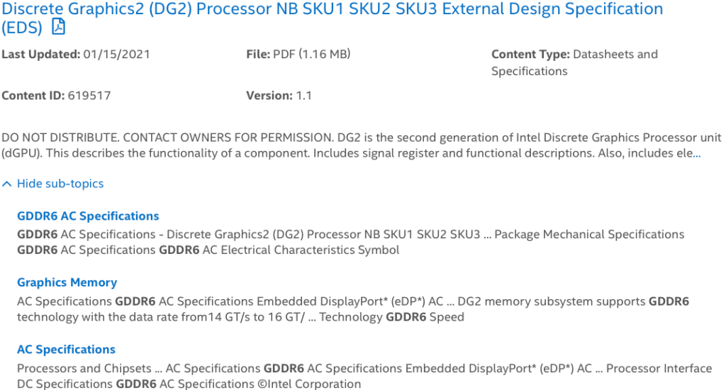 Image 2 : Plusieurs informations sur les cartes graphiques Intel DG2 : jusqu'à 16 Go de mémoire GDDR6 et 512 UE