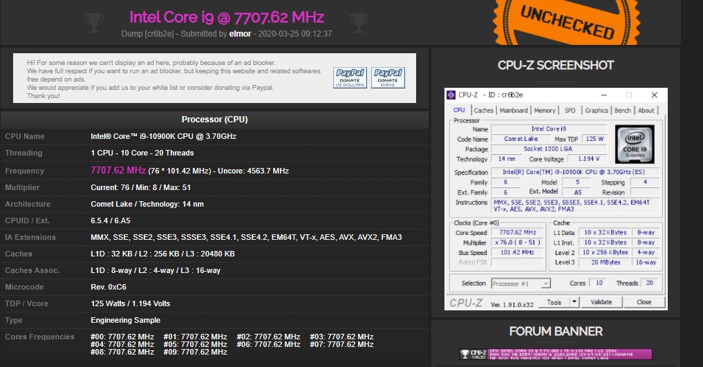 Image 3 : Record : le Core i9-10900K culmine à 7,707 GHz sur tous ses cœurs