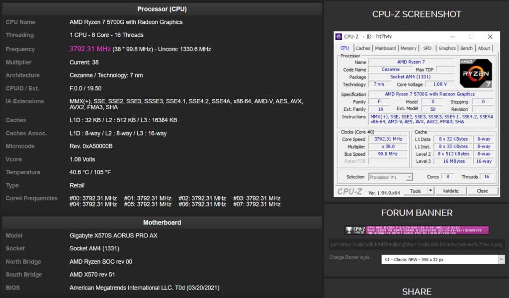 Image 1 : Un combo carte mère X570S Aorus Pro AX / Ryzen 7 5700G repéré sur CPU-Z