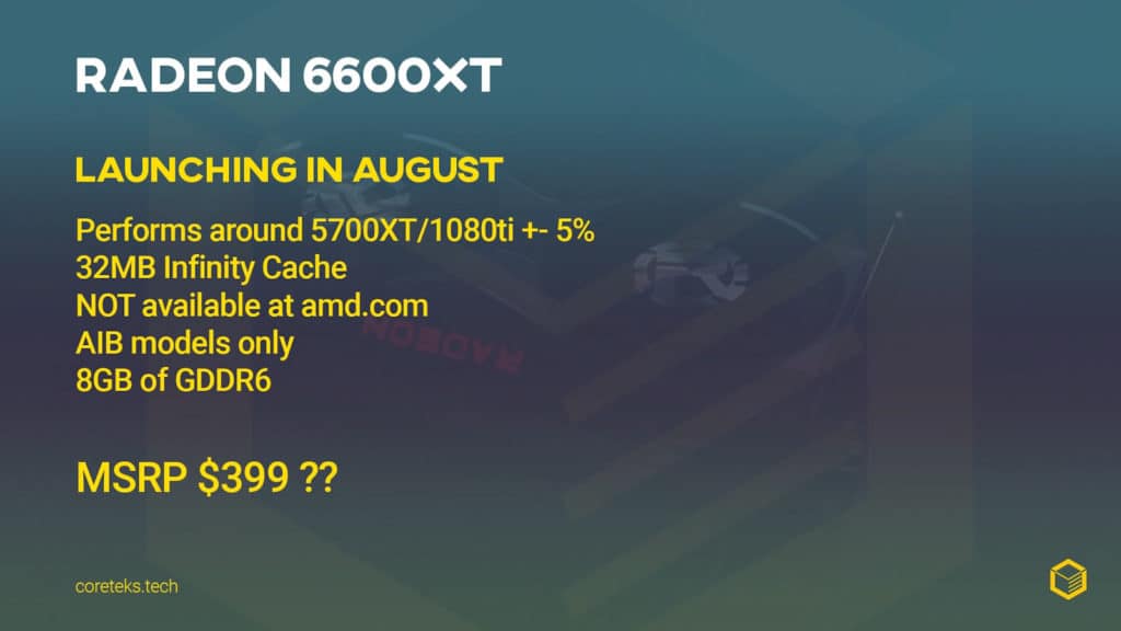 Image 1 : La Radeon RX 6600 XT serait 5 % plus performante que la GTX 1080 Ti et arriverait en août