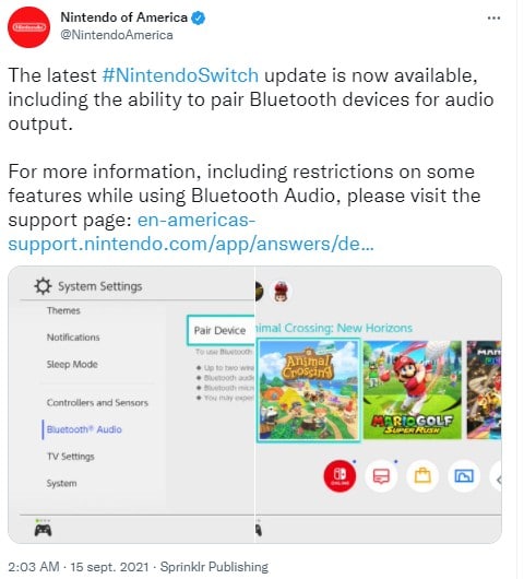 Image 1 : Nintendo ajoute le support audio Bluetooth à la Switch