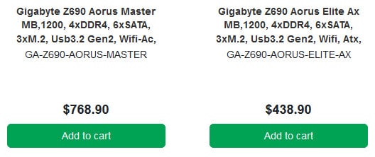 Image 1 : Les prix de cartes mères Gigabyte Z690 AORUS Master / Elite en Australie