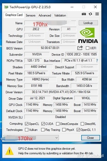 Image 6 : Un NVIDIA CMP 170HX avec un taux de hachage de 164 MH/s repéré