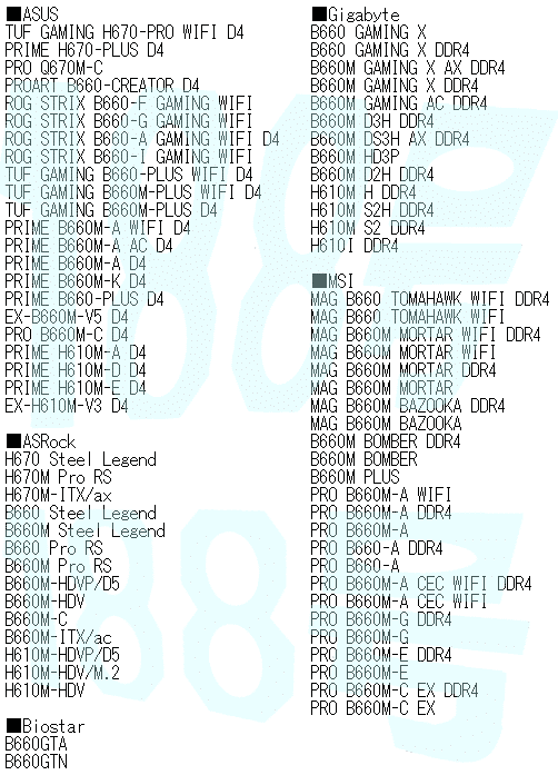 Image 1 : Une liste dévoile une cinquantaine de cartes mères H670, B660 et H610