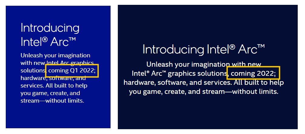 Image 1 : Intel a effacé de son site web les références à un lancement au cours du premier trimestre pour ses GPU ARC