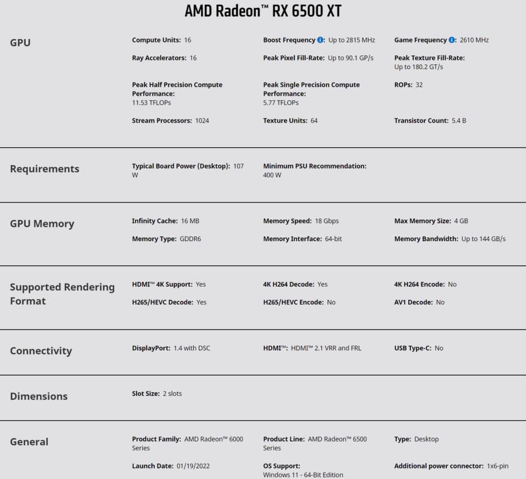 Image 2 : Radeon RX 6500 XT : PCIe 4.0 x4 et un prix de vente fixé à 299 euros en France