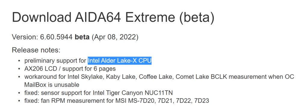 Image 1 : La dernière version d'AIDA64 mentionne des processeurs Alder Lake-X