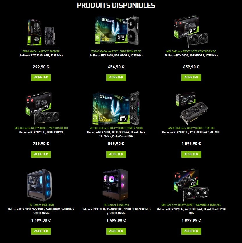Image 2 : NVIDIA Restock & Reload : de la GeForce RTX 2060 à 300 euros, une GeForce RTX 3090 Ti à seulement 1900 euros