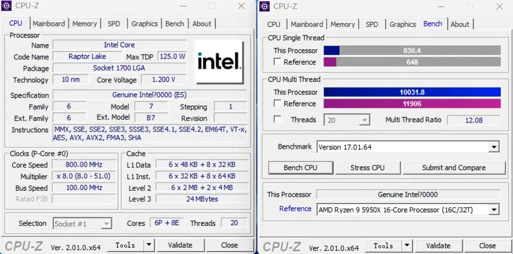 Image 1 : Le Core i5-13600K s'illustre dans CPU-Z et Cinebench R23