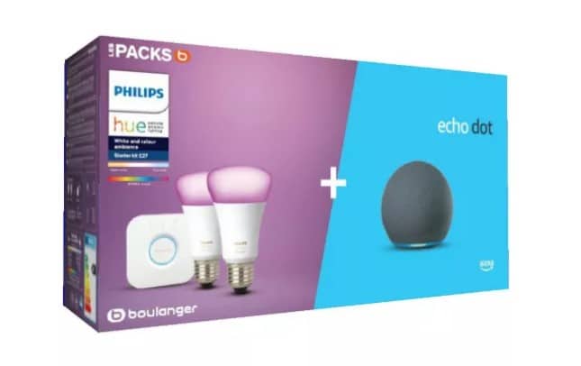 Image 1 : Le pack Philips Hue 2 ampoules connectées + Echo Dot 4 est à moitié prix