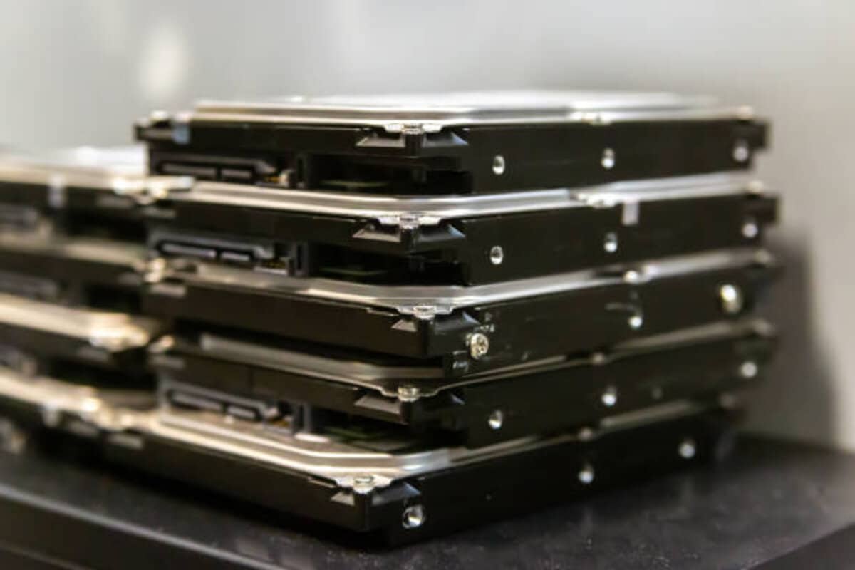 stack of hard drives for data storage data center close up