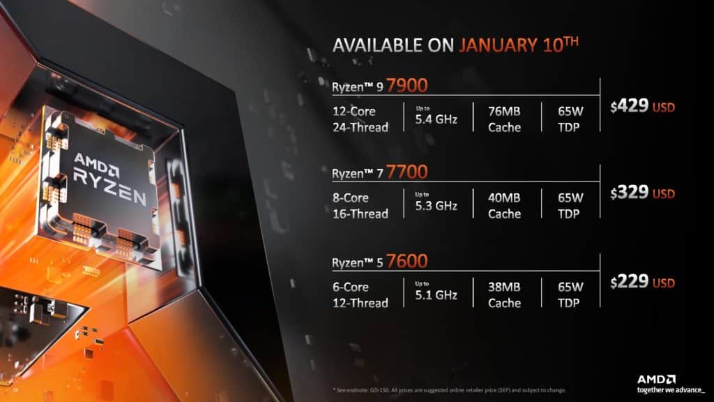 Image 1 : AMD dévoile trois Ryzen 7000 non-X et trois Ryzen 7000X3D : jusqu'à 16 cœurs et 144 Mo de cache