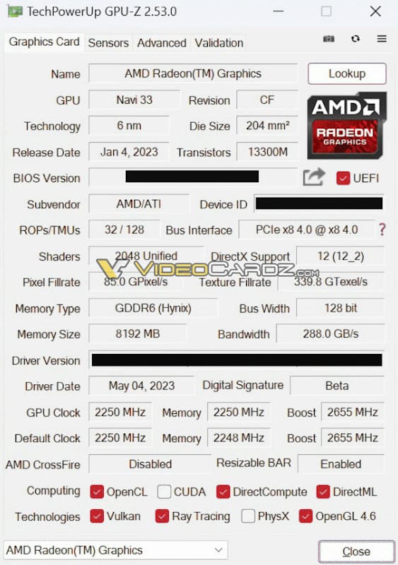 Image 1 : Les spécifications de la Radeon RX 7600 détaillées : 32 CU et 8 Go de VRAM, jusqu'à 2,85 GHz