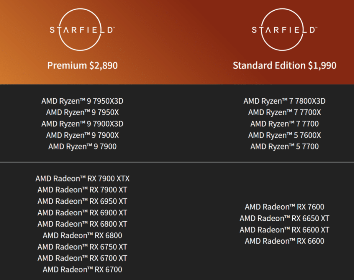 Liste des modèles du bundle AMD-Starfield