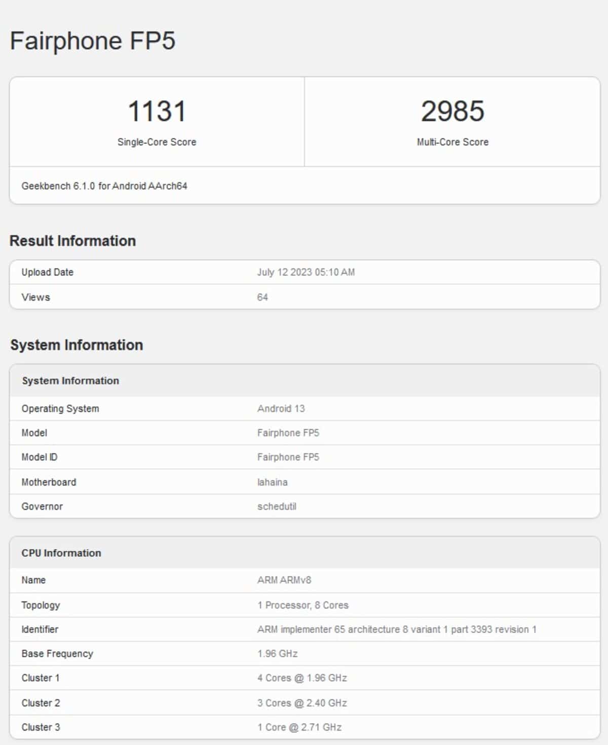 Scores Geekbench Fairphone 5