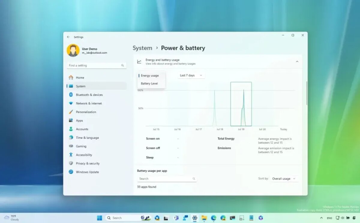 Statistiques consommation Windows 11