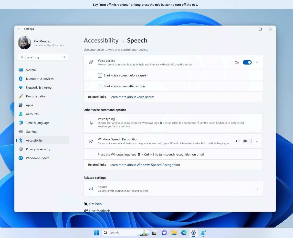 Paramètres de l'Accès vocal Windows 11