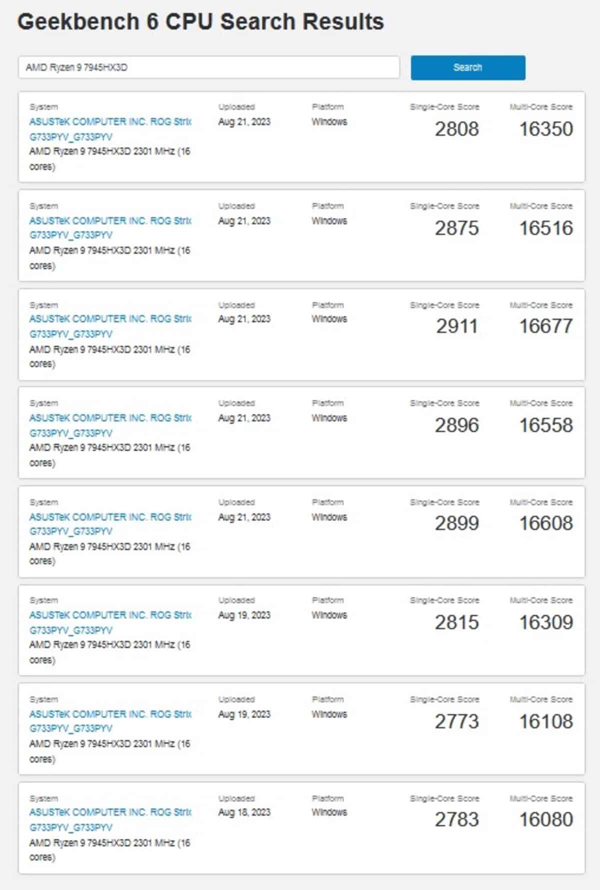 scores Geekbench Ryzen 9 7950HX3D