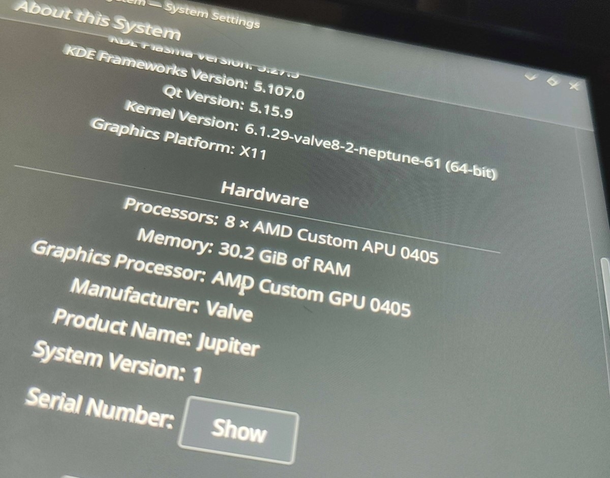 Informations système du Steam Deck montrant les 32 Go de RAM
