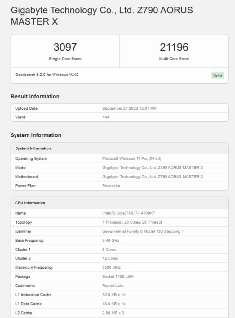 Raptor Lake Core i7-14700KF Geekbench 6