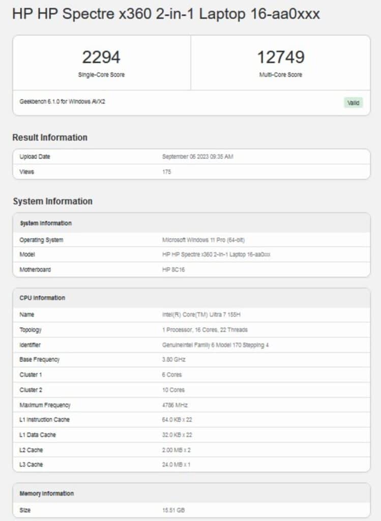 Core i7 Ultra Meteor Lake Geekbench