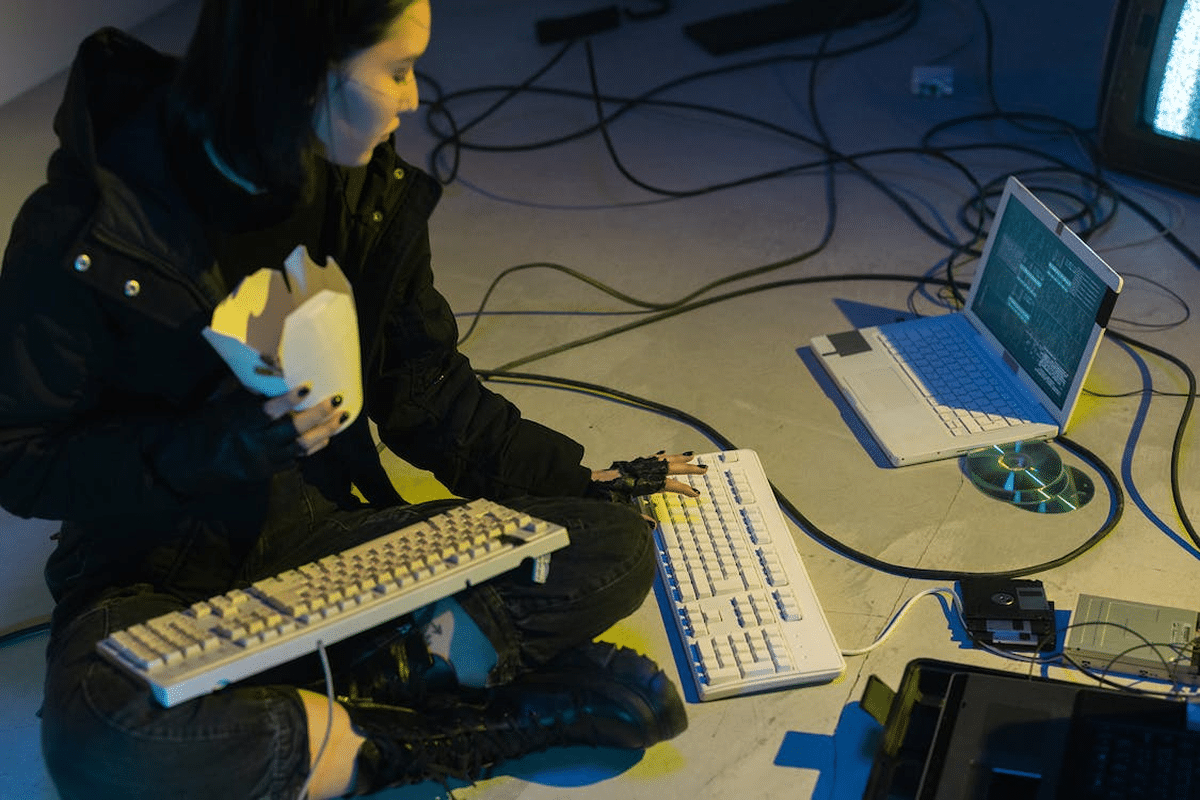 femme sol piratage notebook clavier