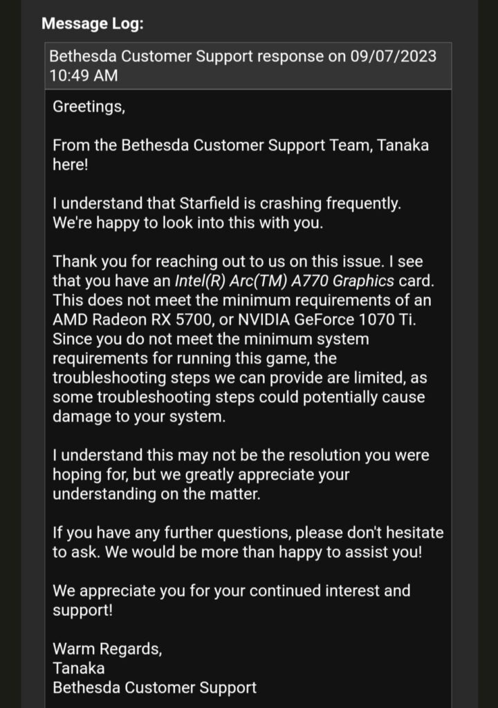 Réponse support Bethesda Arc A770 Starfield