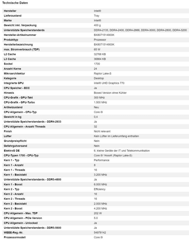 Caractéristiques Core i9-14900K