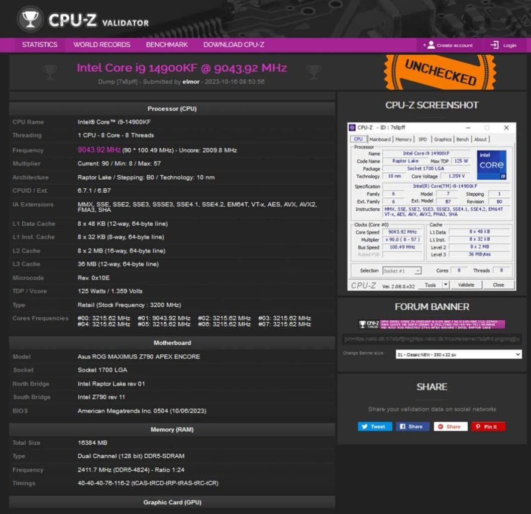 entrée CPU-Z Core i9-14900K