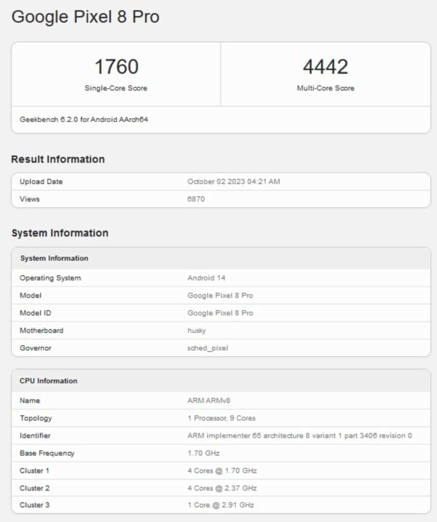 Pixel 8 Pro Geekbench 6