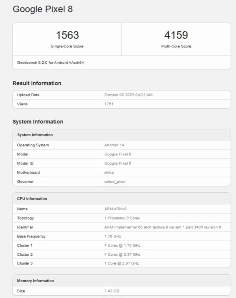 Pixel 8 Geekbench 6