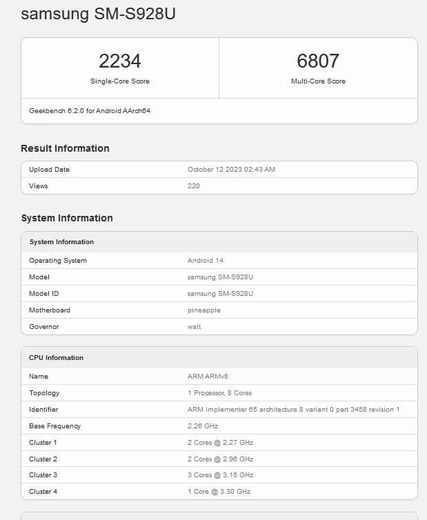 Snapdragon 8 Gen 3 Geekebench