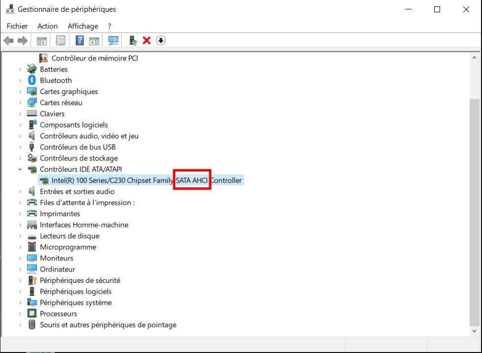 windows gestionnaire périphériques sata ahci ssd